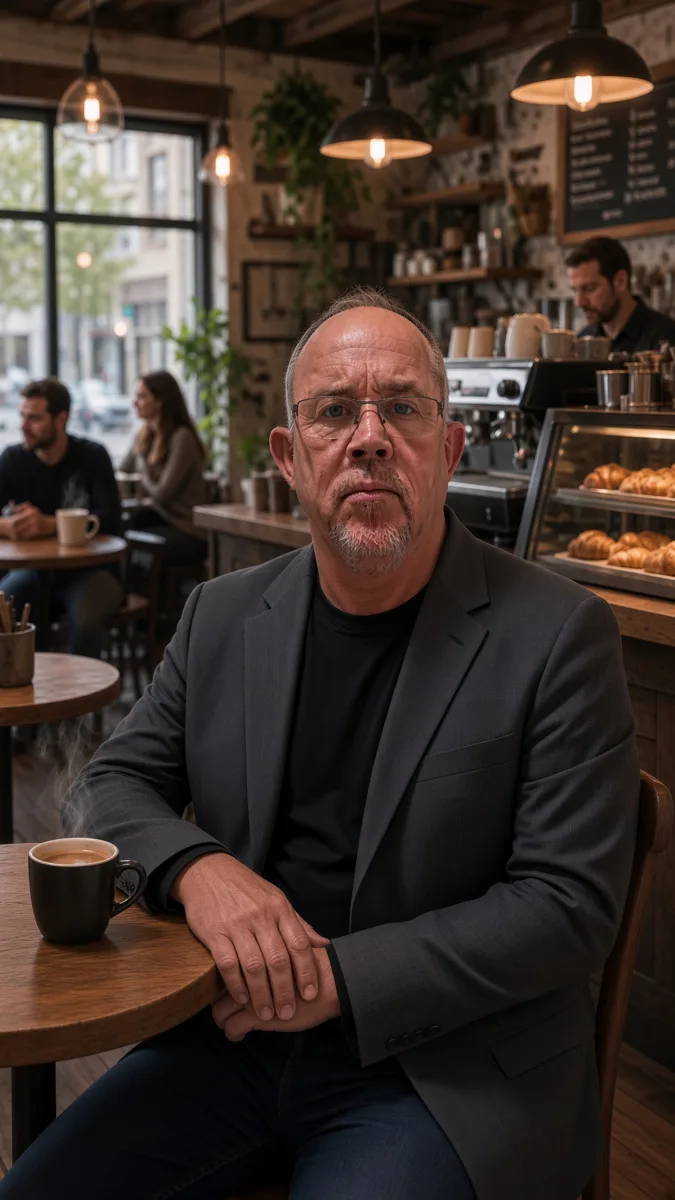John Hynds, founder of CrewForge and Hynds AI, sitting in a coffee shop