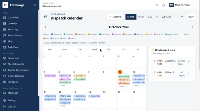 CrewForge week view calendar with drag-to-reschedule