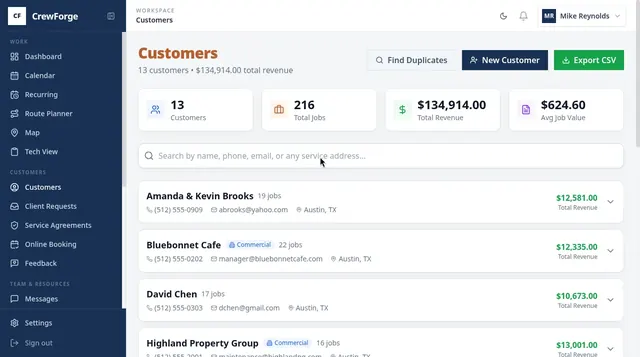 CrewForge customer list with estimates