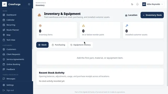 CrewForge inventory across warehouses and trucks