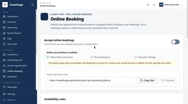 Online booking & Client Hub screen in CrewForge (sample data)