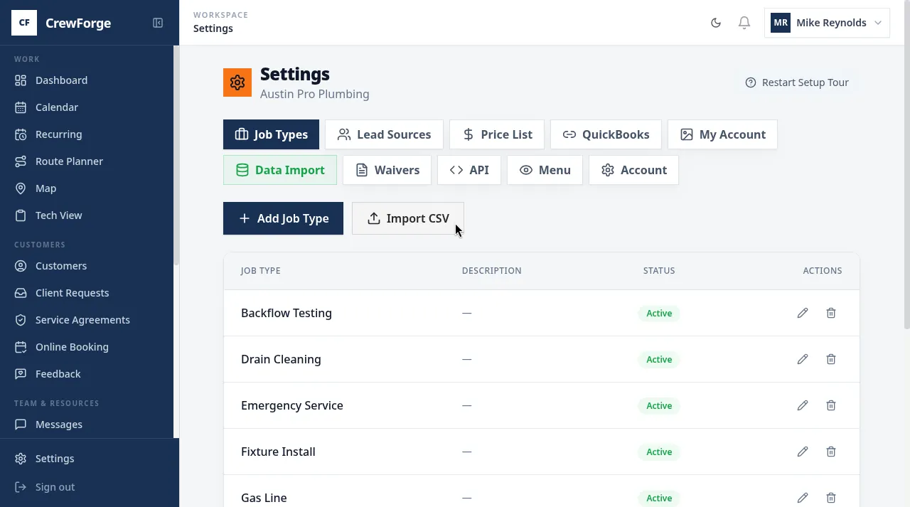 CrewForge settings with menu, price list and QuickBooks tabs (sample data)