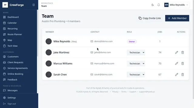 CrewForge team page with crew members
