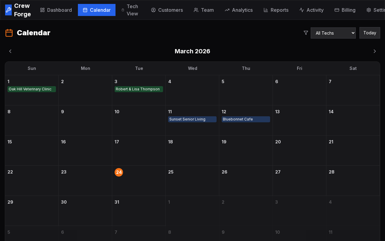 Crew Forge calendar showing color-coded job assignments across the month with drag-and-drop scheduling