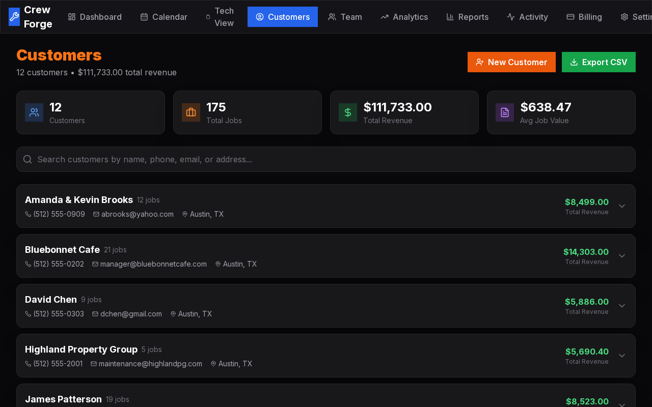 Crew Forge customers list with search, contact details, and complete job history per customer