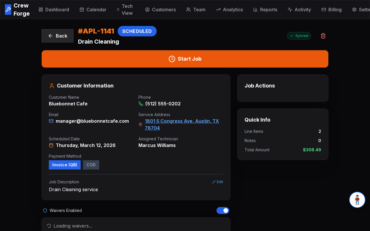 Job detail view with Submit to QuickBooks button and payment tracking